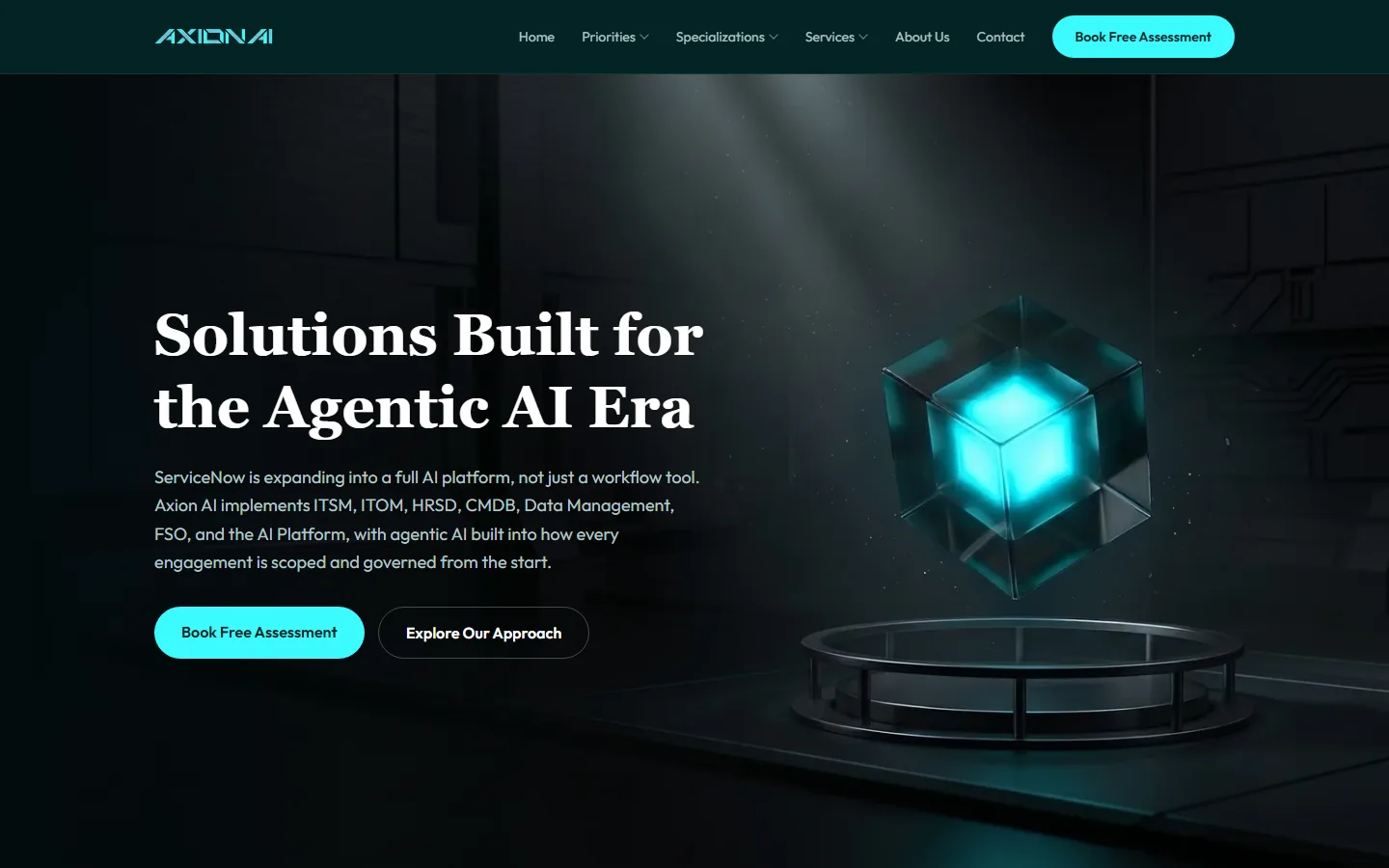 The axionai.tech home page, showing its headline beside a dark illustrated scene.