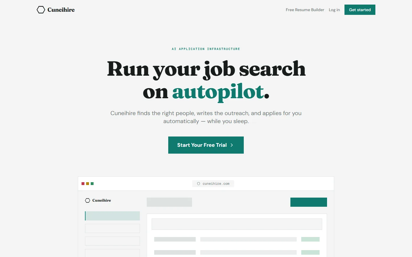 The Cuneihire landing page, showing a serif headline over a product screenshot.