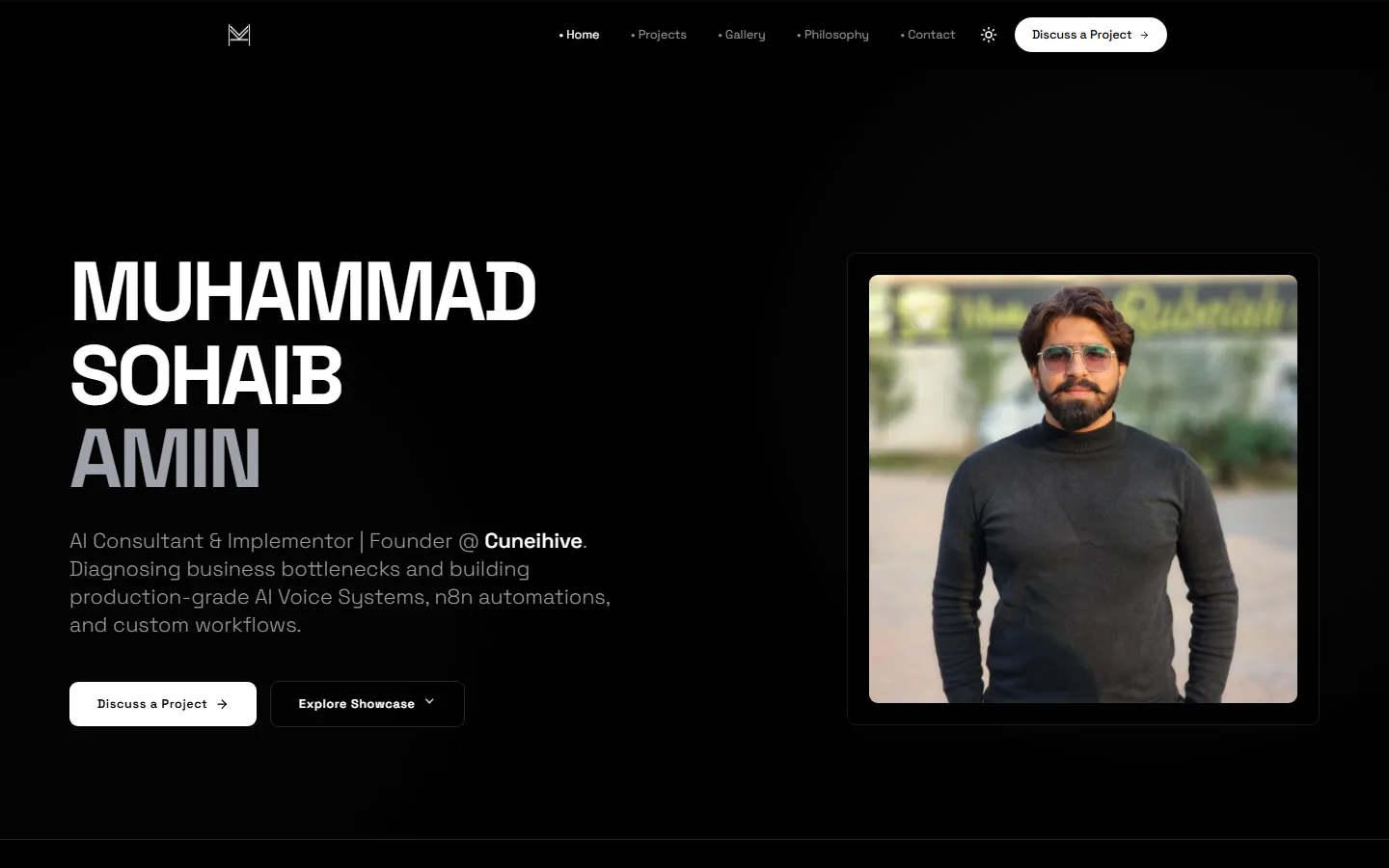 The mrkatha.info home page, a dark layout with a large name set beside a portrait.