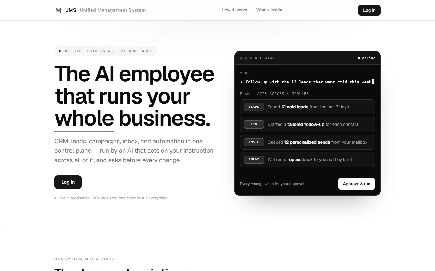 The UMS landing page, showing its headline beside a dark operator console panel.